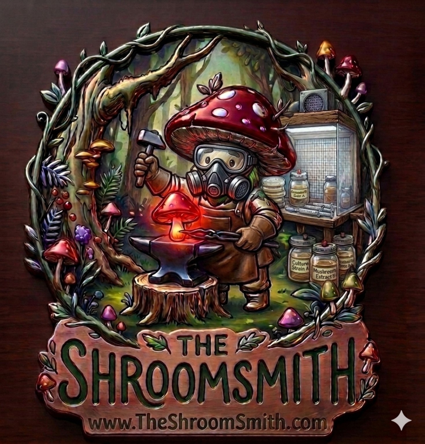 The Shroom Smith logo featuring a mushroom blacksmith in a woodland workshop